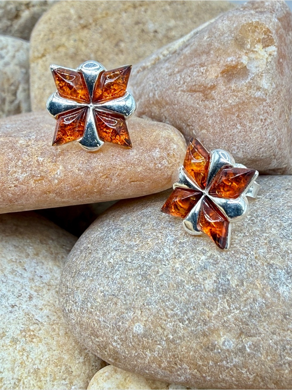 Baltic Amber Stud Earrings 925 Sterling Poland Cognac Floral Gdansk European
